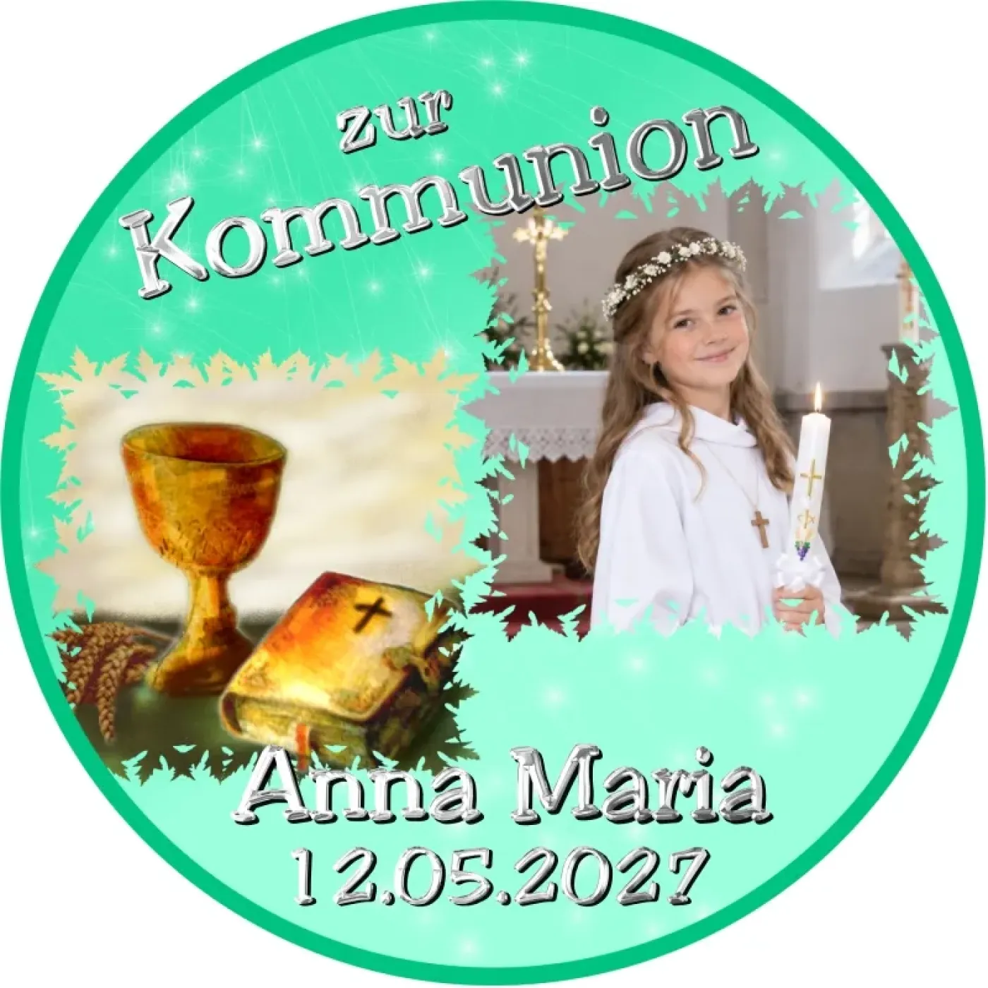Fototortenaufleger für Kommunion, Konfirmation, Firmung und Jugendweihe mit Kelch und Bibel